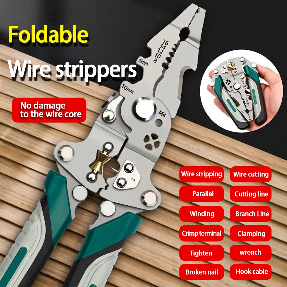 Foldable wire stripper, pulley design multi-function electrician wire splitter wire winding pliers crimping pliers hand tool Foldable wire stripper, pulley design multi-function electrician wire splitter wire winding pliers crimping pliers hand tool