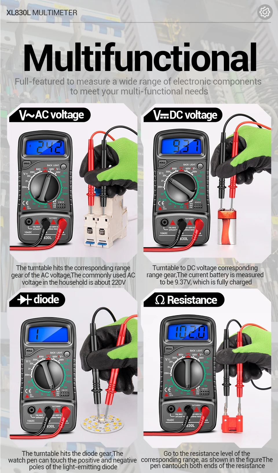 ANENG XL830L Digital Multimeter Esr Meter Testers Automotive Electrical Dmm Transistor Peak Tester Meter Capacitance Meter