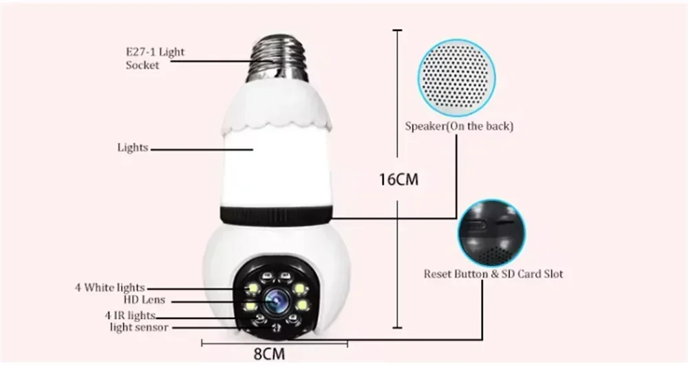 8MP E27 LED Bulb Camera WiFi Surveillance Camera HD PTZ 8X Zoom AI Tracking Indoor Video Color Night Vision Wireless Cam CCTV 8MP E27 LED Bulb Camera WiFi Surveillance Camera HD PTZ 8X Zoom AI Tracking Indoor Video Color Night Vision Wireless Cam CCTV