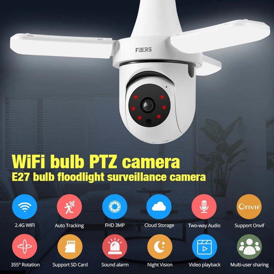 FUERS E27 Bulb Indoor Camera Security Indoor Monitor Wireless 2.4G WiFi Automatic Human Tracking FloodLight Surveillance Camera FUERS E27 Bulb Indoor Camera Security Indoor Monitor Wireless 2.4G WiFi Automatic Human Tracking FloodLight Surveillance Camera