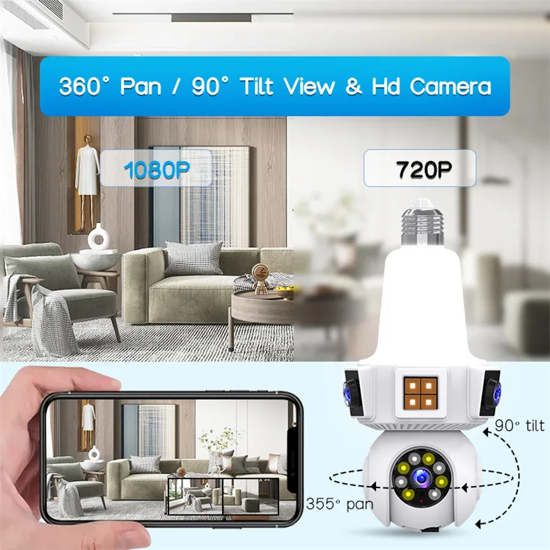 Three Lens Triple Screen 6MP Wireless Wifi E27 Light Bulb Camera V380Pro 360° PTZ Bulb Camera Home Security CCTV Baby Monitor Three Lens Triple Screen 6MP Wireless Wifi E27 Light Bulb Camera V380Pro 360° PTZ Bulb Camera Home Security CCTV Baby Monitor