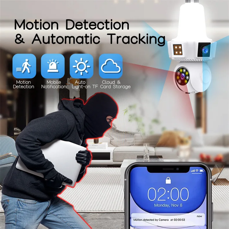 Three Lens Triple Screen 6MP Wireless Wifi E27 Light Bulb Camera V380Pro 360° PTZ Bulb Camera Home Security CCTV Baby Monitor Three Lens Triple Screen 6MP Wireless Wifi E27 Light Bulb Camera V380Pro 360° PTZ Bulb Camera Home Security CCTV Baby Monitor