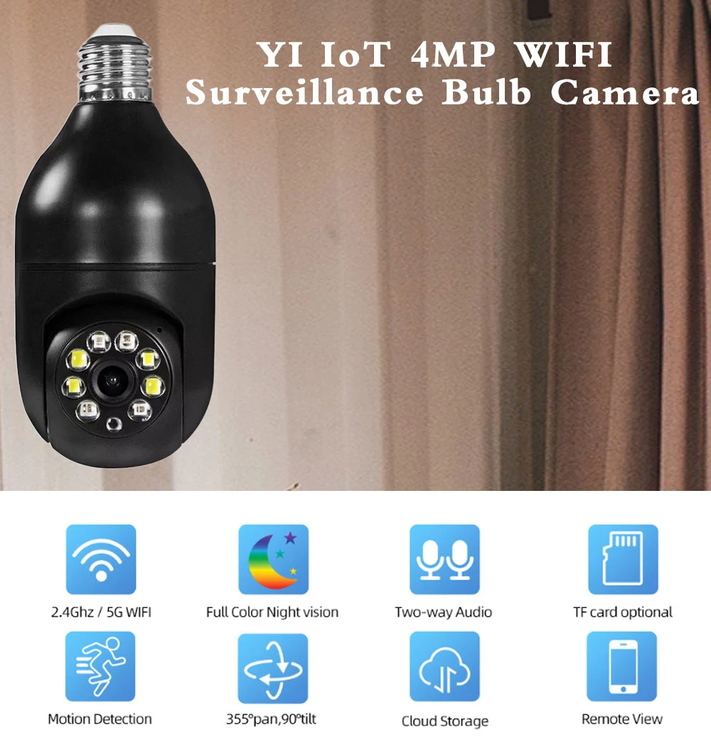YI IOT 5G 2.4G Dual Band 4MP Full Color Night Vision E27 Bulb Wifi Camera Two Way Audio Auto Tracking Smart Home Security Camera YI IOT 5G 2.4G Dual Band 4MP Full Color Night Vision E27 Bulb Wifi Camera Two Way Audio Auto Tracking Smart Home Security Camera