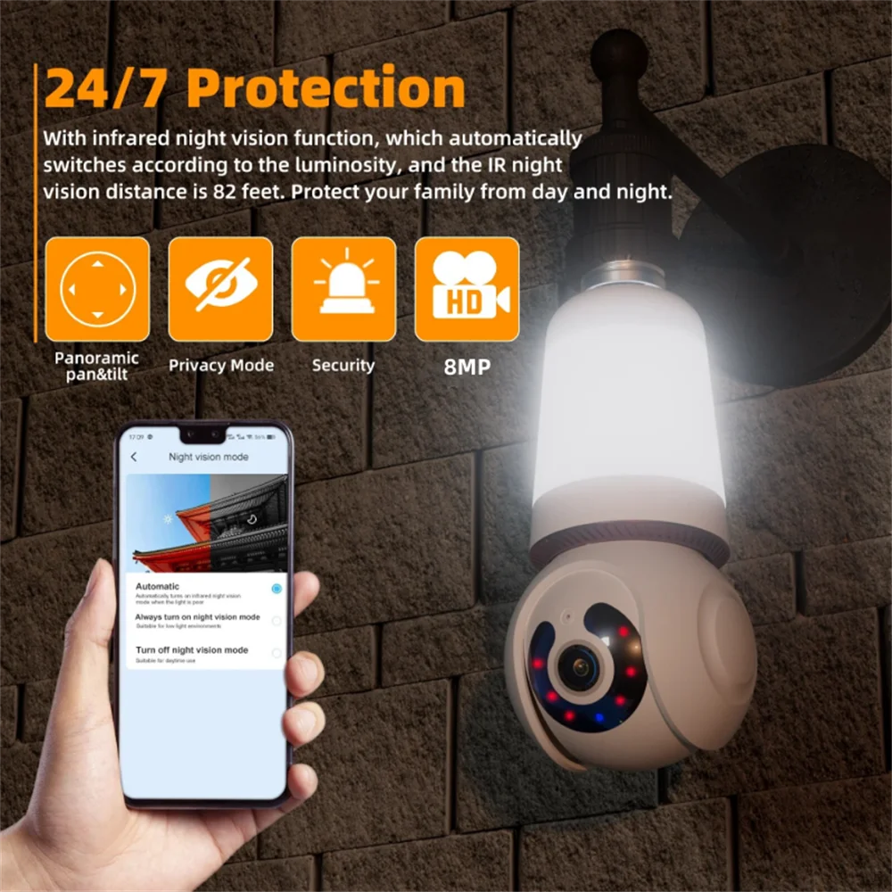 8MP E27 Bulb Camera Wifi Surveillance With LED Bulb CCTV PTZ AI Tracking Two-way Audio Night Vision 10X Zoom Wireless Cam 2 in 1 8MP E27 Bulb Camera Wifi Surveillance With LED Bulb CCTV PTZ AI Tracking Two-way Audio Night Vision 10X Zoom Wireless Cam 2 in 1